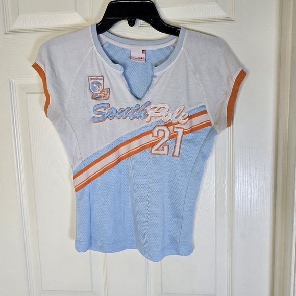 Southpole‎ Blue Orange White Womens Jersey Tee Patches M - Picture 1 of 5